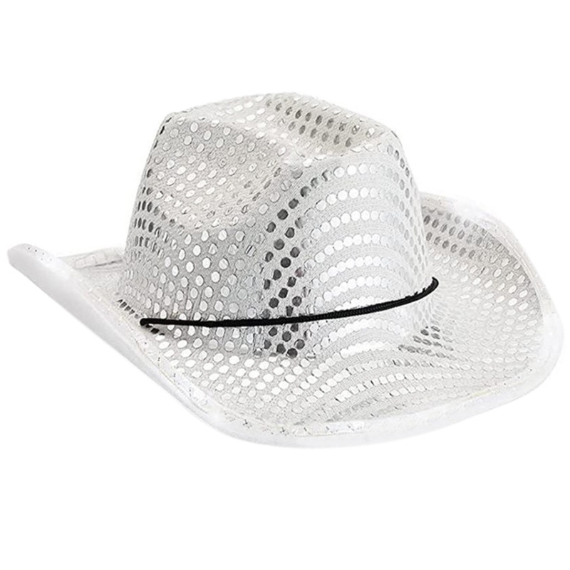 Topi Cowboy Hias Sequin Dengan Lampu LED Gaya Vintage