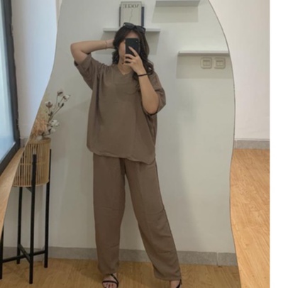 Byeon Set oversize wanita | setelan One set Vneck oversize | set crinkle jumbo