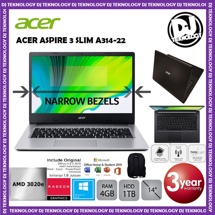 {MahesStore} ACER ASPIRE 3 SLIM A314-22 AMD 3020e 4GB 1TB HDD 14 WIN10 OHS - A0UJ - BLACK 4 gb Berku