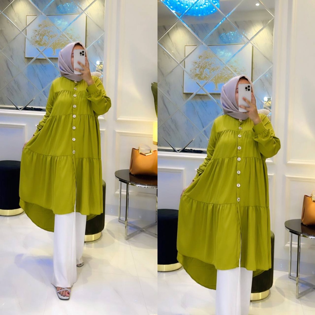 Tunik Shella Twiil Ori Premium Baju Wanita Atasan Penguin Susun Kancing Lengan Panjang Kekinian LD 110cm