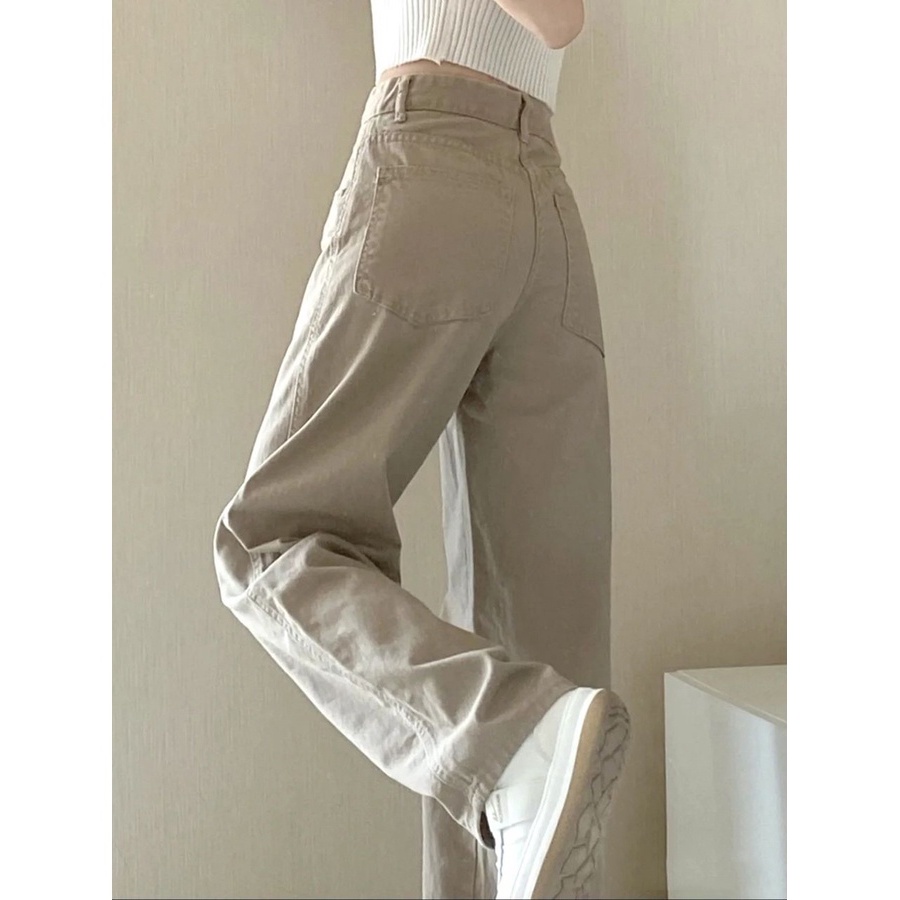 Celana Jeans Longgar Wanita Pinggang Tinggi Khaki Muda Korea Baru