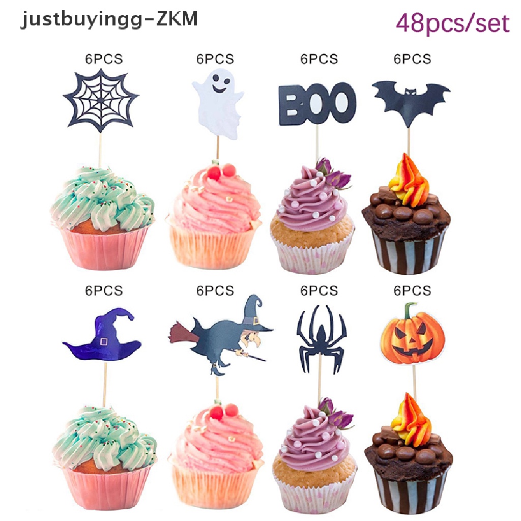 48pcs Topper Cupcake Desain Kartun Hantu Halloween Untuk Dekorasi