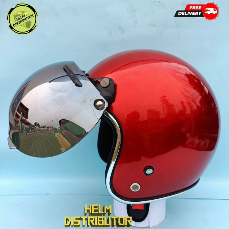 Helm Bogo DewasaLis Chrome Kaca Cembung Silver/Pelangi,Kualitas Premium Untuk Pria dan Wanita SNI COD