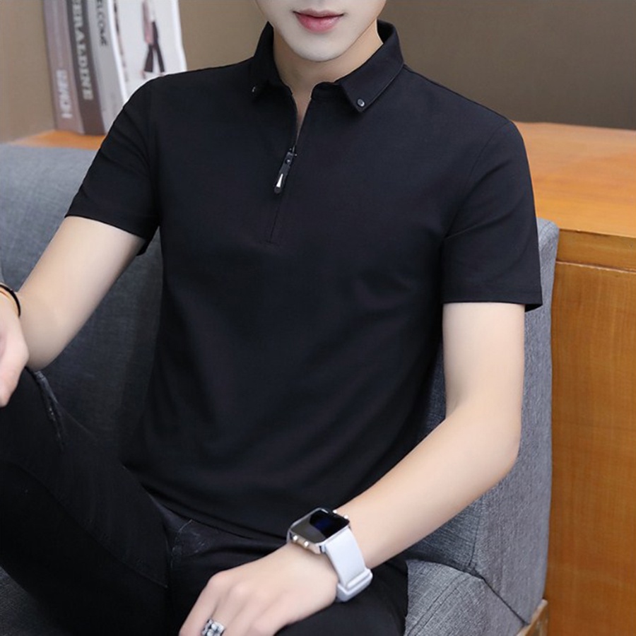 Kaos Kerah Pria Lengan Pendek Resleting ELYON Polo Shirt Formal Hitam Polos