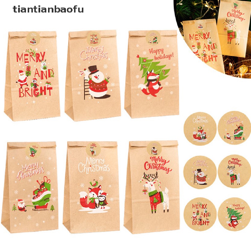 [tiantianbaofu] 24 Pcs Christmas Kraft Paper Bags With 24 Pcs Labels Santa Snowman Candy Bag Boutique