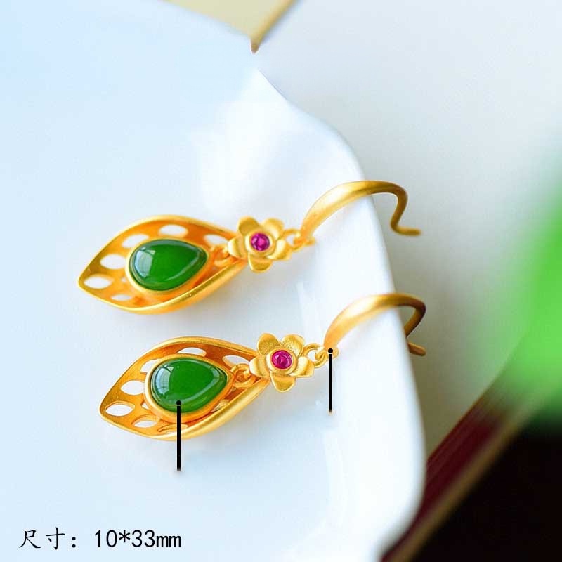 Goldkingdom Perhiasan Fashion Emas Asli Kadar 375 Bangkok Aksesoris Ready Stock Gaya Cina Berlapis Emas Hijau Hetian Giok Jasper Wanita Gaya Ibu Anting Vintage
