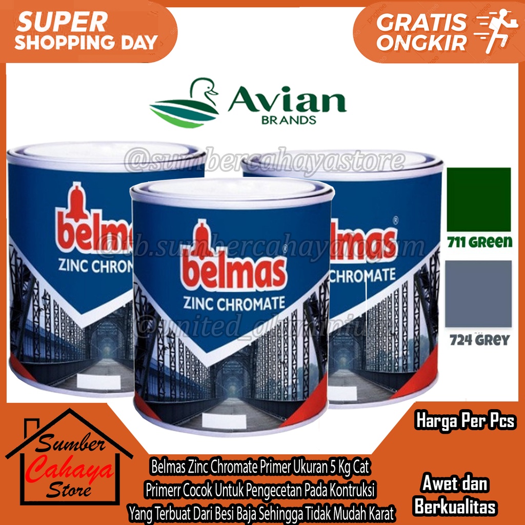 CAT ANTI KARAT MENI KAYU BESI BELMAS ZINC CHROMATE primer AVIAN Green Grey Ukuran 5 Kg Kilo KiloGram