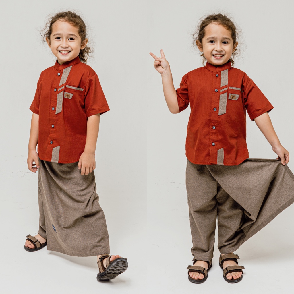 Hooflakids Set Setelan Baju Koko Anak Laki Laki Usia 1-10 Tahun Warna Terra Cotta (NKH09) Bawahan Celana Sarung Sarcel