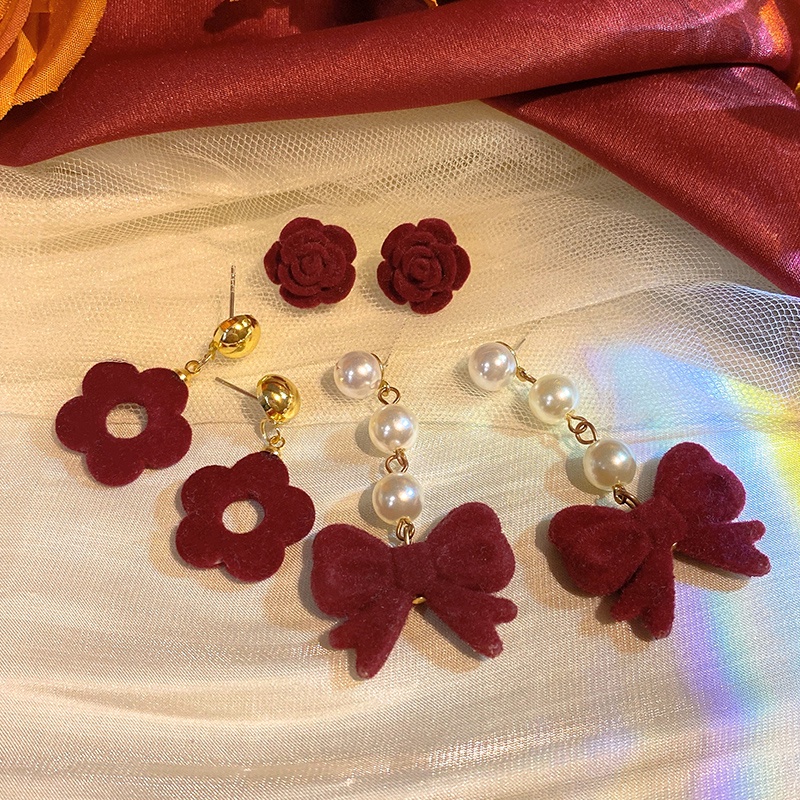 Anting Stud Hias Mutiara Warna Merah Gaya Vintage Korea Untuk Wanita