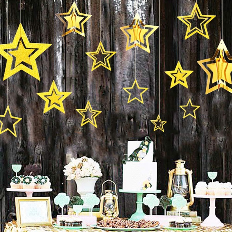 7pcs / Set Liontin Bentuk Bintang Hollow Glitter Untuk Dekorasi Pohon Natal