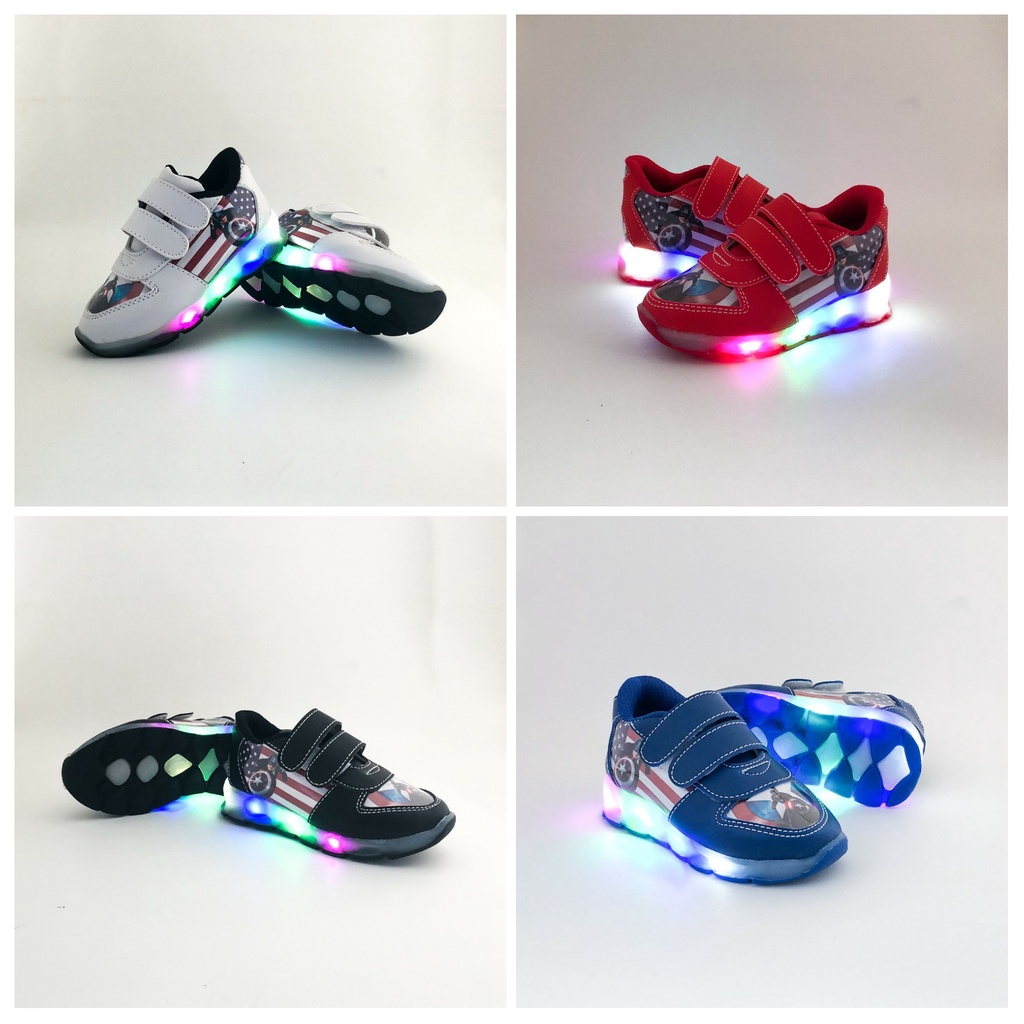 Sepatu Anak LED captain America Warna Hitam Putih Merah Biru/ Sepatu Kets Sneakers Kasual Anak Laki-