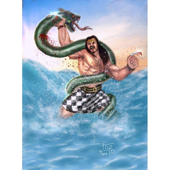 lukisan cetak Bima sakti vs naga plus bingkai uk 65 x45