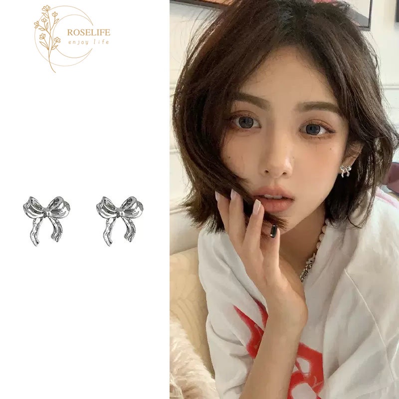 Roselife 1 Pasang Anting Tusuk Desain Pita Bahan Metal Gaya Korea Untuk Wanita