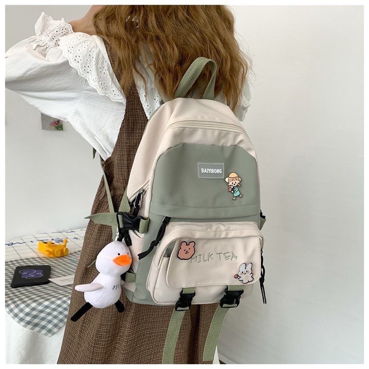 Tas Ransel Wanita Korea School MILK TEA PIN Backpack Perempuan Stylish Fashion K-POP Omo Omo Kiyowok