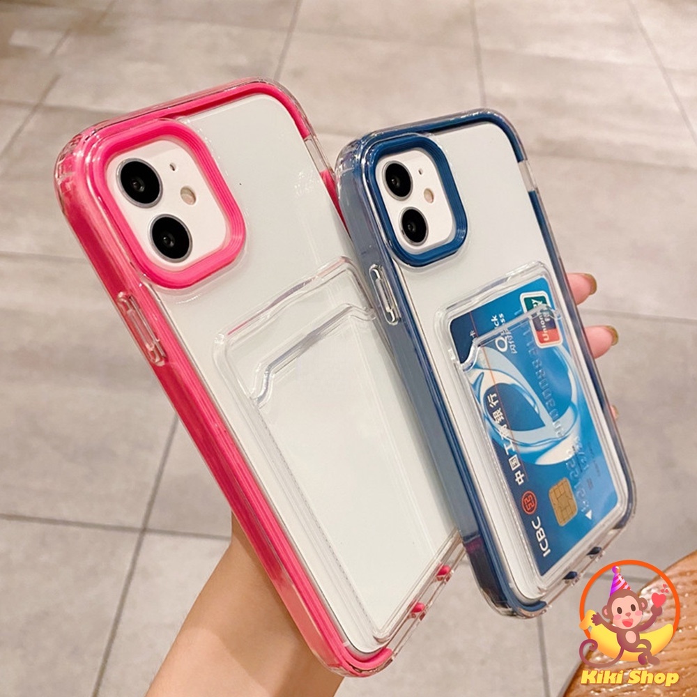 IPHONE Card Holder Heavy Duty Colorful Frame Crystal Phone Case Untuk Iphone12 11 Pro Max X Xs XR 87 Plus 3in1 Shockproof Bumper Lembut TPU Penutup Belakang