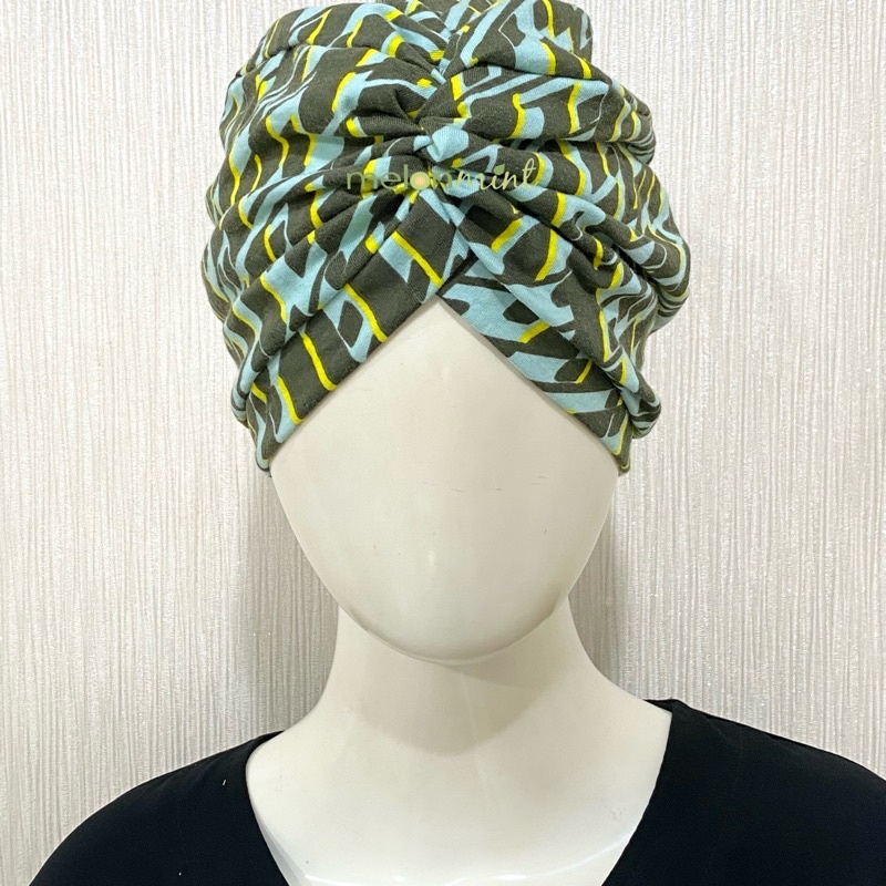 Melonmint Handame Hijab Jilbab Turban Instan Warna Hijau Motif Kotak Abstrak Tosca
