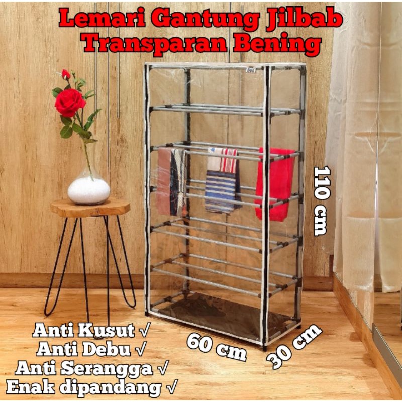 Lemari Rak Gantung Jilbab 6 Tingkat 18 Gantungan Cover Penutup Transparan Plastik Mika Bening Hijab 