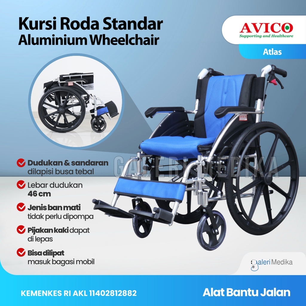 Kursi Roda Aluminium Avico Atlas Deluxe / Aluminium Wheelchair Busa Tebal Nyaman (Khusus GOJEK)