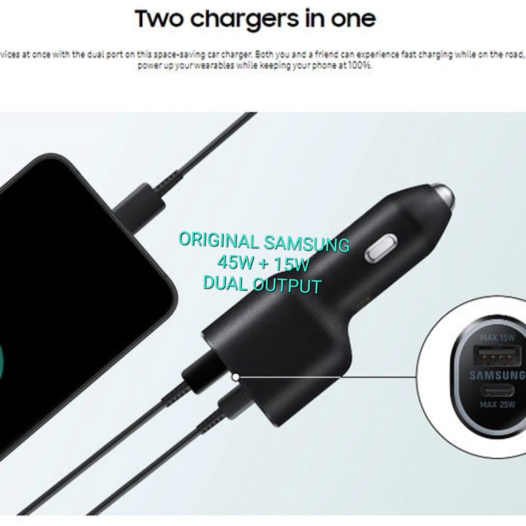 J429 SAMSUNG 45W ADAPTOR MOBIL CHARGER 2 PORT SATU SET USB YPE C SUPPORT FAST CHARGING ADAPTOR MOBIL CHARGE CAS CASAN TRAVEL ADAPTER UNIVERSAL watt adaptive saver aki accu ac dc travel adapter charge dual handphone androit tc quick charge universal hp