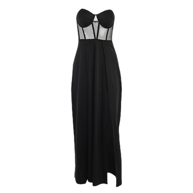 #Sisjuly# Wanita tube top corset slit dress wanita gaun komuter temperamen hitam QQ6K