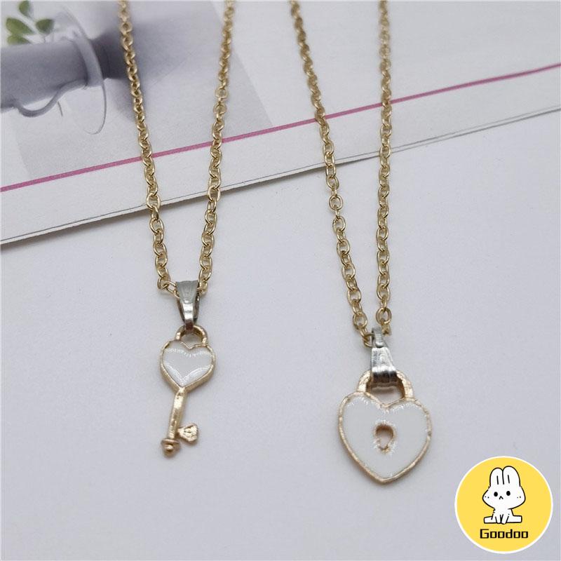 2 Pcs Fashion Wanita Trendi Kunci Liontin Link Rantai Kalung Hati Pasangan Pecinta Kalung -Doo