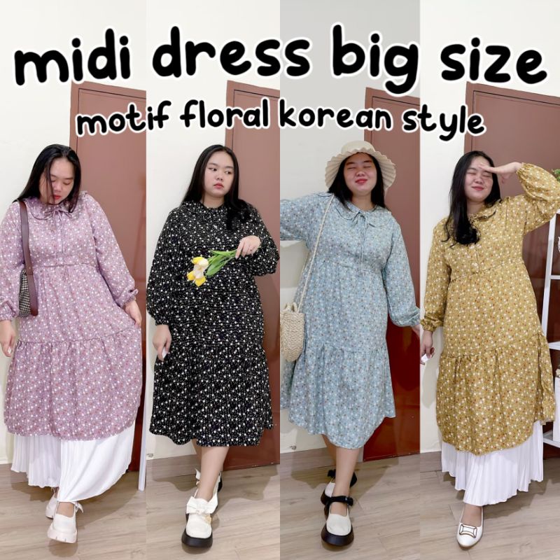 MIDI DRESS TUNIK MOTIF FLORAL JUMBO BIG SIZE OVERSIZE KOREAN STYLE