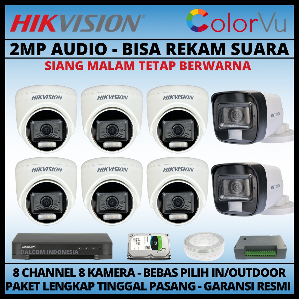 PAKET CCTV HIKVISION COLORVU 2MP 8 CHANNEL 8 KAMERA COLORFUL