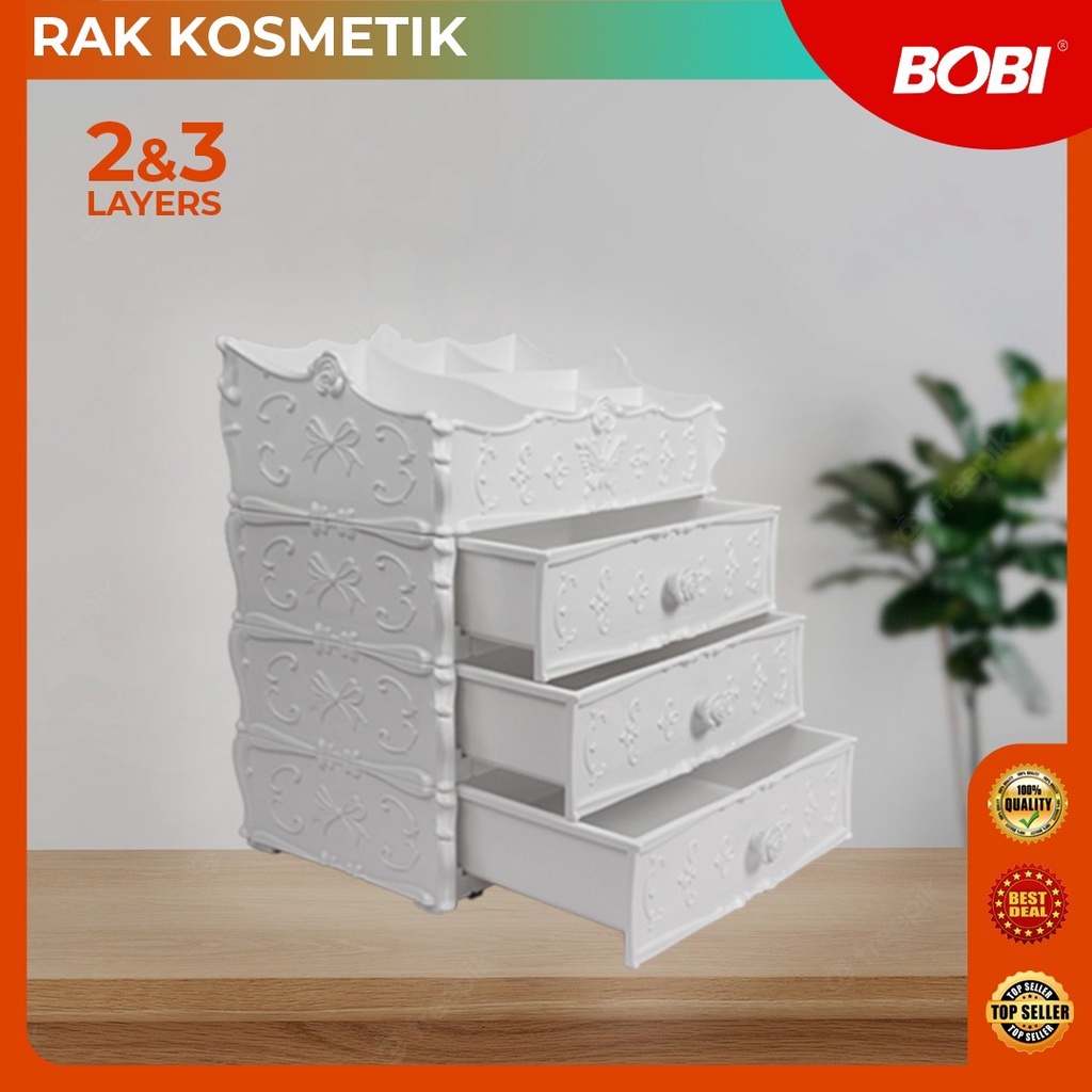 Rak kosmetik putih motif kode 998 / Rak makeup susun 2 laci dan 3 laci / Rak Kosmetik tempat make up cantik BOBI