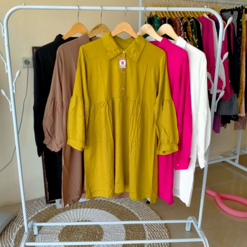 Tunik Rayon Kancing dada Polos putih hitam fuschia