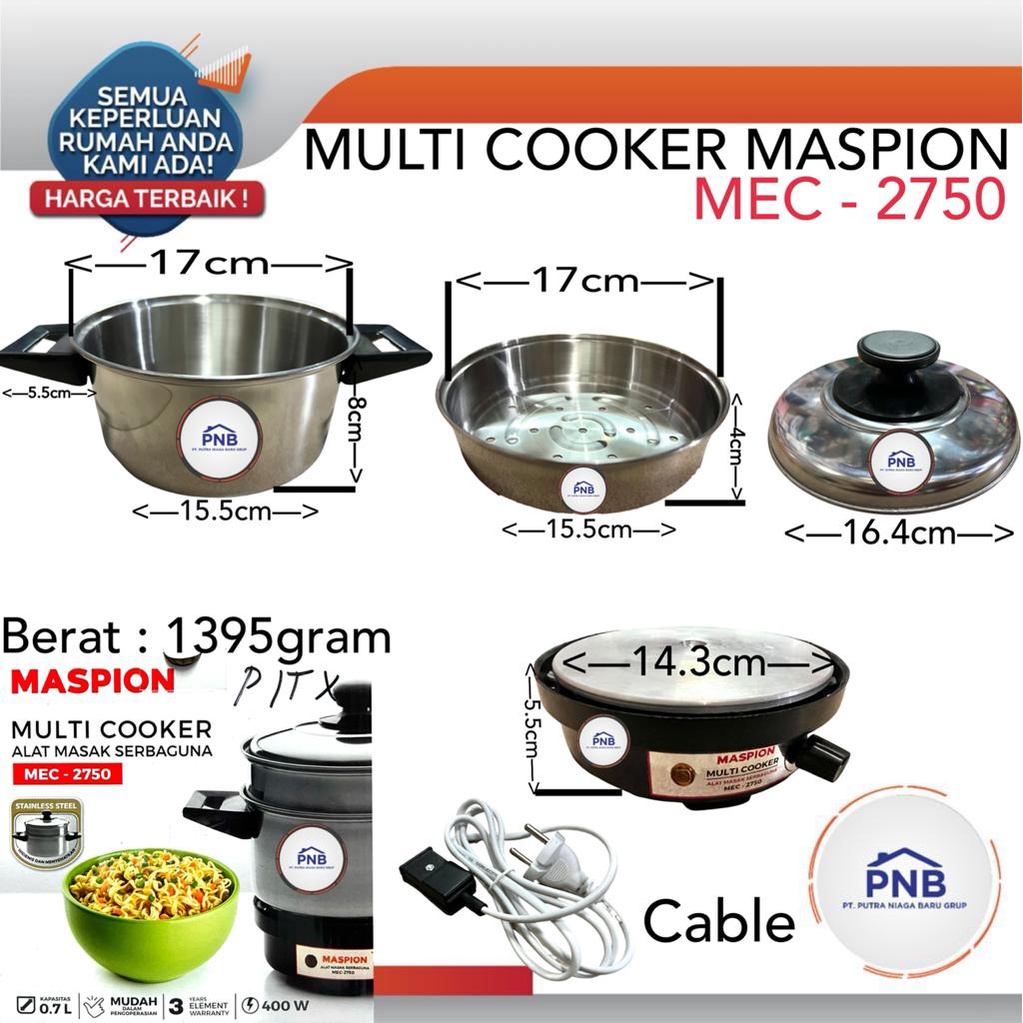 MASPION MULTI ELEKTRIK COOKER MEC 2750 PANCI LISTRIK 0.7 LITER