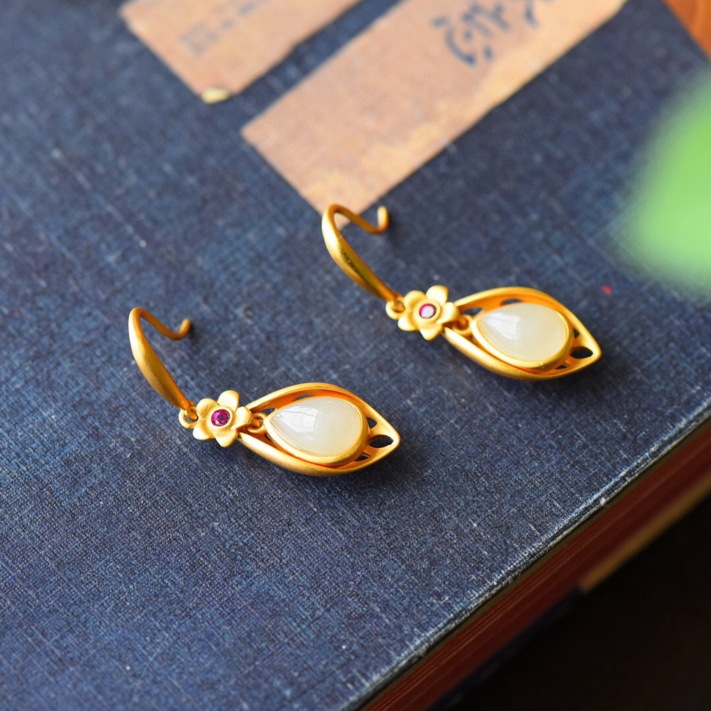 Goldkingdom Perhiasan Fashion Emas Asli Kadar 375 Bangkok Aksesoris Ready Stock Gaya Cina Berlapis Emas Hijau Hetian Giok Jasper Wanita Gaya Ibu Anting Vintage