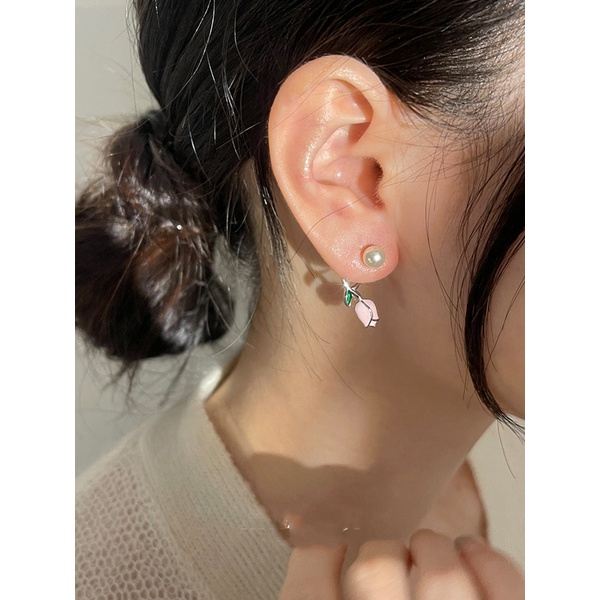 Anting Stud Klip s925 Silver Bentuk Bunga Tulip Aksen Mutiara Warna Pink Gaya Korea Untuk Wanita