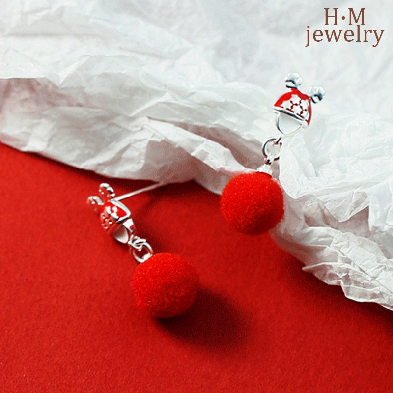 Anting Tusuk Sterling Silver 925 Model Santa Claus / Rusa Natal Dengan Bola Bulu Mink Untuk Wanita