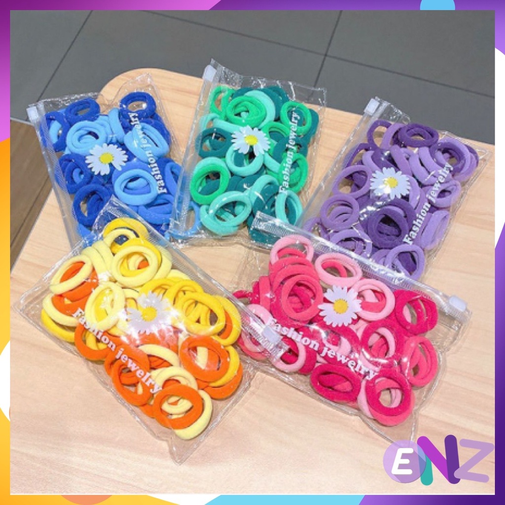 ENZ ® IKAT RAMBUT KOREA TOWEL RING SET ISI 50 PCS / IKAT RAMBUT DONUT KECIL / IKAT RAMBUT RING FREE POUCH / Kuncir Rambut Dompet Warna Warni / Kuncir Donat 1102