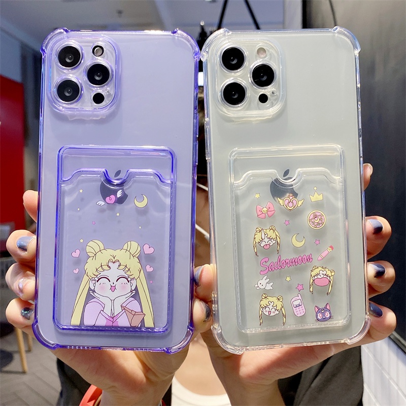 Soft Case TPU Transparan Bumper Karet Motif Kartun Holder Kartu Untuk IPhone 13 12 11 Pro Max X Xs XR 8 7 Plus