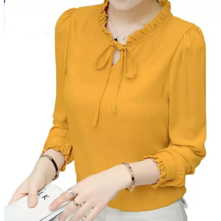 Aurel Blouse Wanita Atasan Cewek LD 108 Fit To L Crinkle Airflow Premium Kerah Lipit Lengan Panjang OOTD Kekinian Remaja Dewasa 2022