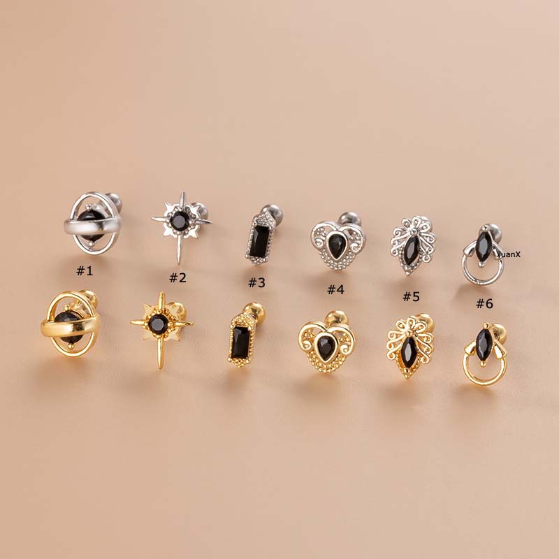 1pc Anting Tindik Tulang Rawan Telinga Desain Barbell Hias Zirkon Hitam 20Gauge