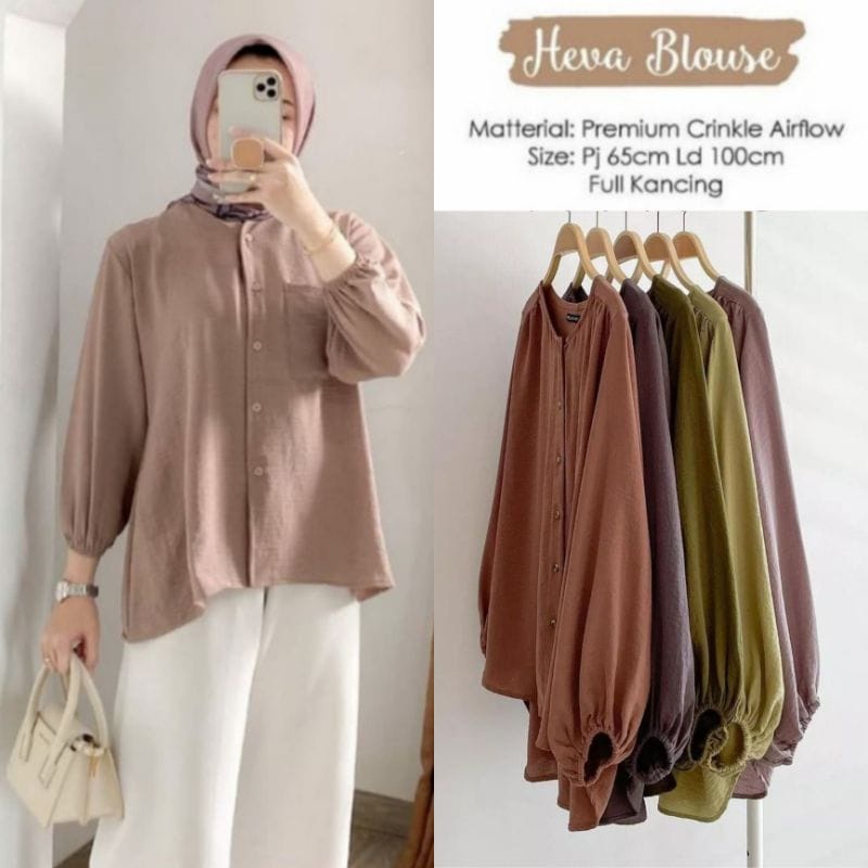 Heva Blouse Wanita Atasan Basic Polos Kancing Depan Kekinian