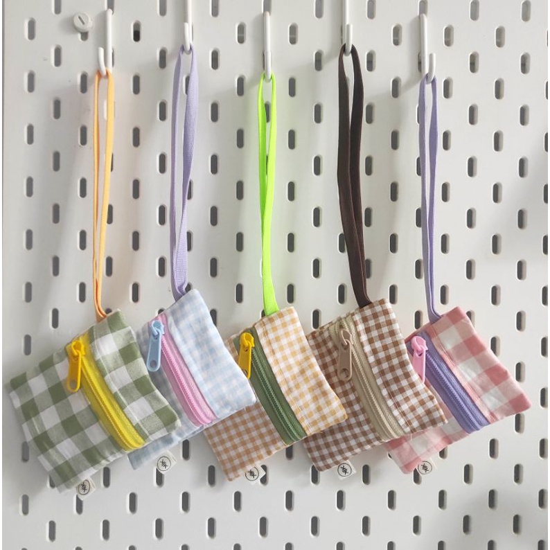 Mini Pouch with long handle gingham series | AirPods Pouch | Mini Pouch | Pouch Lucu | Candy Pouch