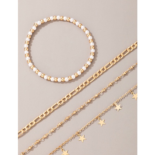 LRC Gelang Kaki Fashion Gold Rice Beads Tassel Five-pointed Star Chain W77222