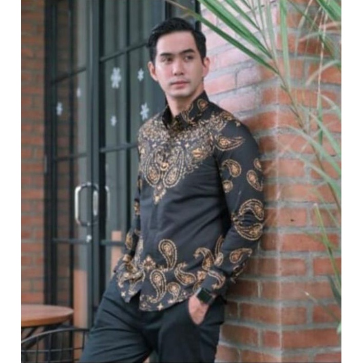 cacing kuning kemeja batik Slimfit lengan panjang lapis furing