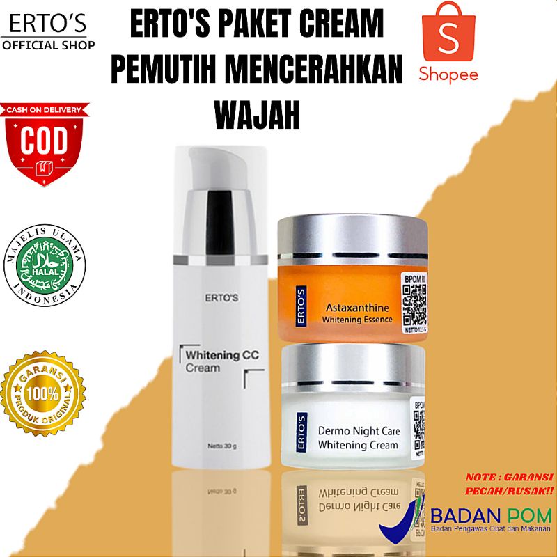Paket Cream Ertos Krim Whitening Pemutih Muka Pelembab Wajah Dan Penghilang Flek Hitam 3in1 (CC Crea