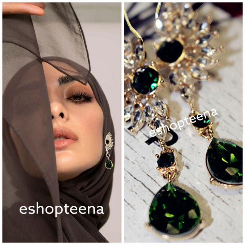 A114 anting hijab juntai full diamond green_anting jilbab