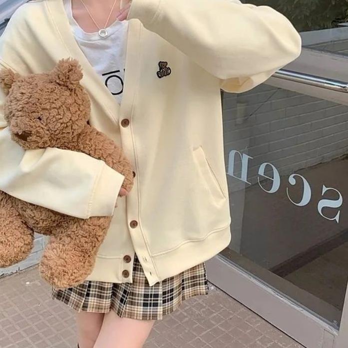 BEAR EMBROIDERY CARDY Sweater Outer Wanita Oversize Atasan Kasual Fashion Korean Style Fashion Terkini