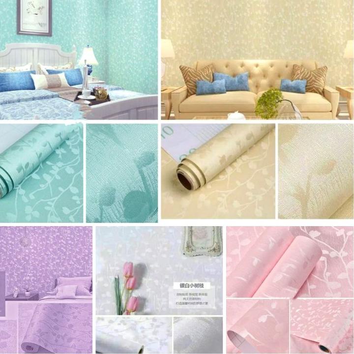 Wallpaper Dinding Sticker Dinding Biru Muda | Krem | Putih | Ungu | Bertekstur Salur Daun Keren Mewa