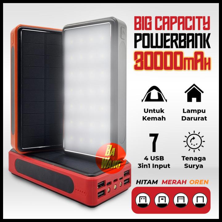 Powerbank Solar 30000Mah 4 Usb + 3 Input Lampu Spotlight Sorot Led