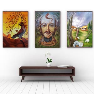 Lukisan aestetic ukuran 47x31, dekorasi rumah gambar abstrak, hiasan dinding bingkai kayu tanpa kaca