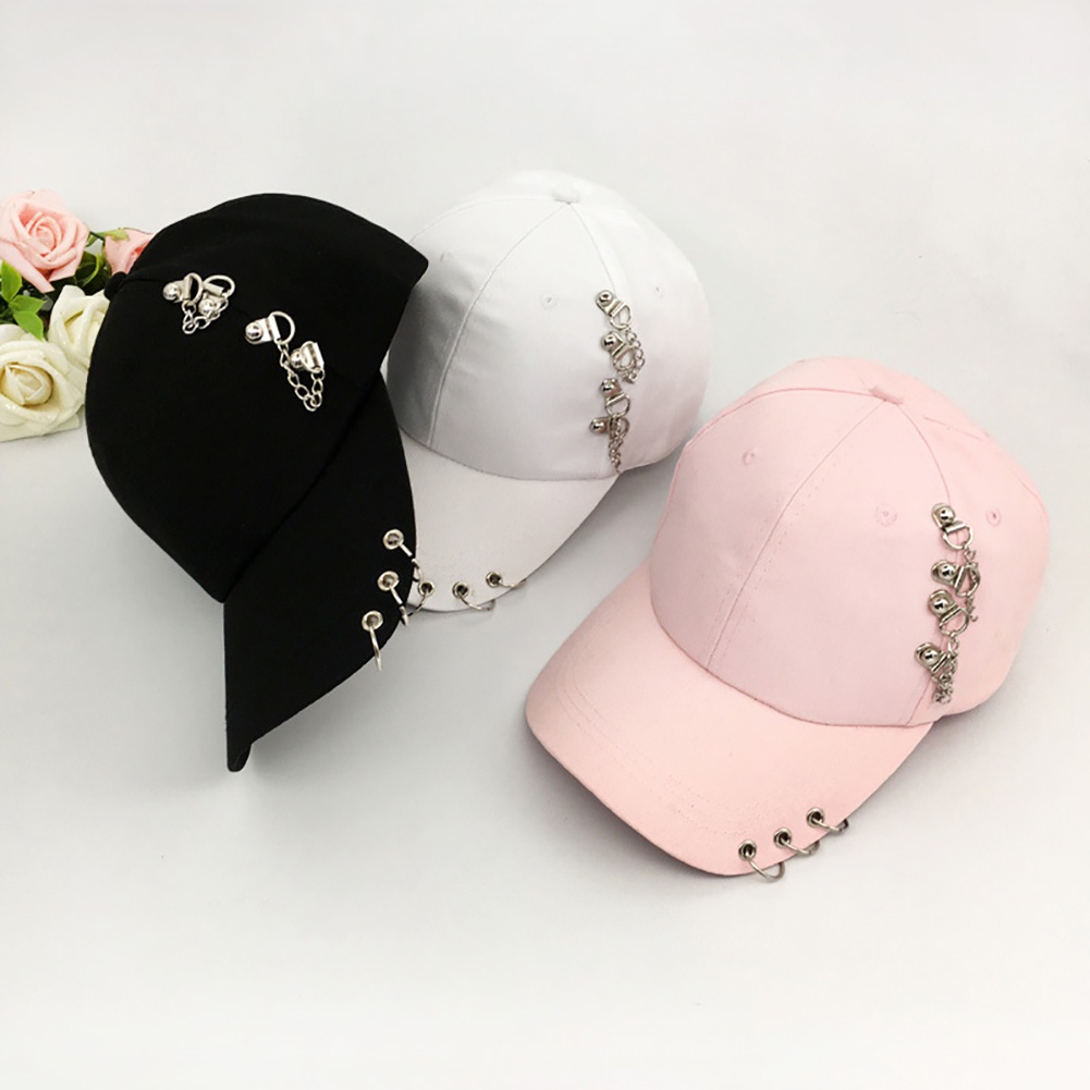 Topi Baseball Anti UV Aksen Ring Metal Gaya Hip Hop Untuk Wanita