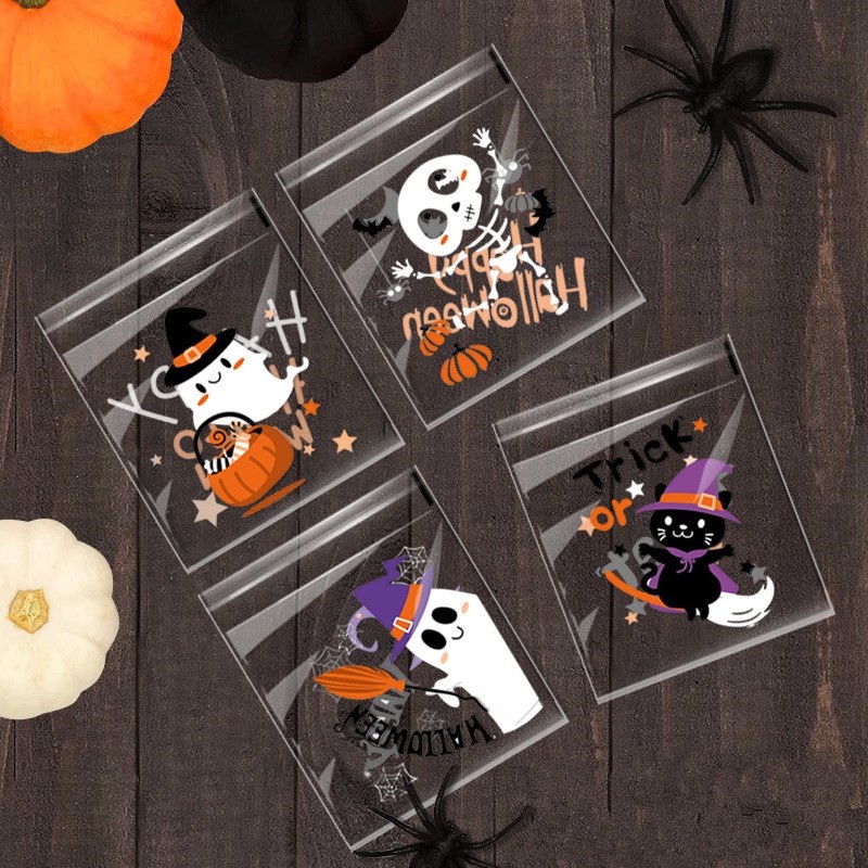 100 Pcs Tas Permen / Kue Kering Motif Labu Hantu Halloween Transparan Dengan Perekat Untuk Perlengkapan Pesta