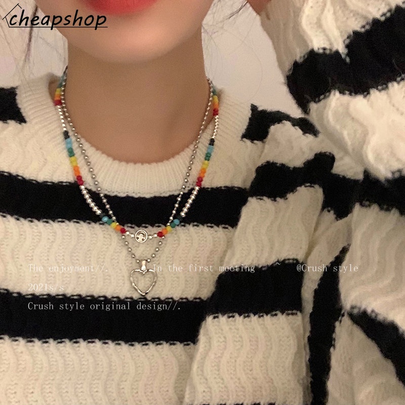 IFYOU Kalung Rantai Choker Liontin Manik-Manik Smiley Hati Warna-Warni Gaya Vintage Korea Untuk Wanita